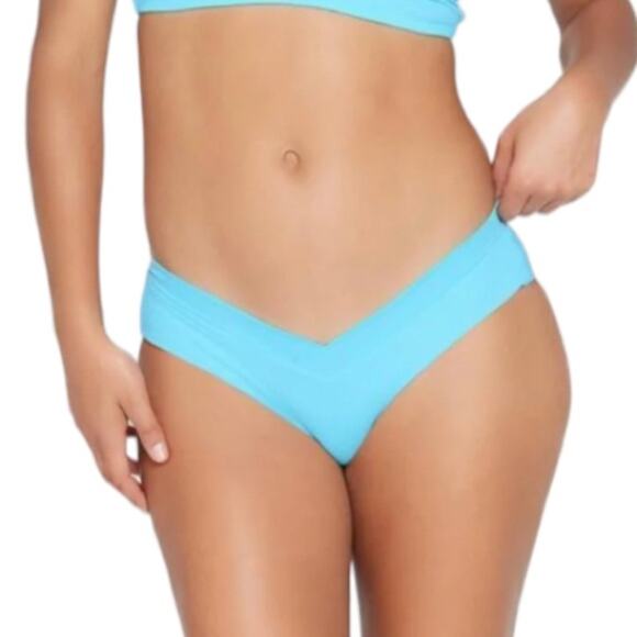 NWT L*space Pratt Classic Bikini Bottom sz M Aqua Low Rise Ribbed V Front Cheeky - Picture 1 of 7